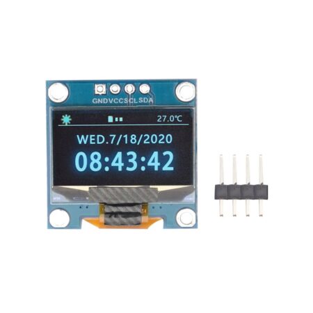 Bekapcsolt 0,96 hüvelykes kék OLED kijelző dátum-, idő- és hőmérséklet-adatokkal, felső I2C csatlakozópontokkal, négy rögzítőfurattal és külön mellékelt négypólusú tüskesorral Arduino projektekhez.