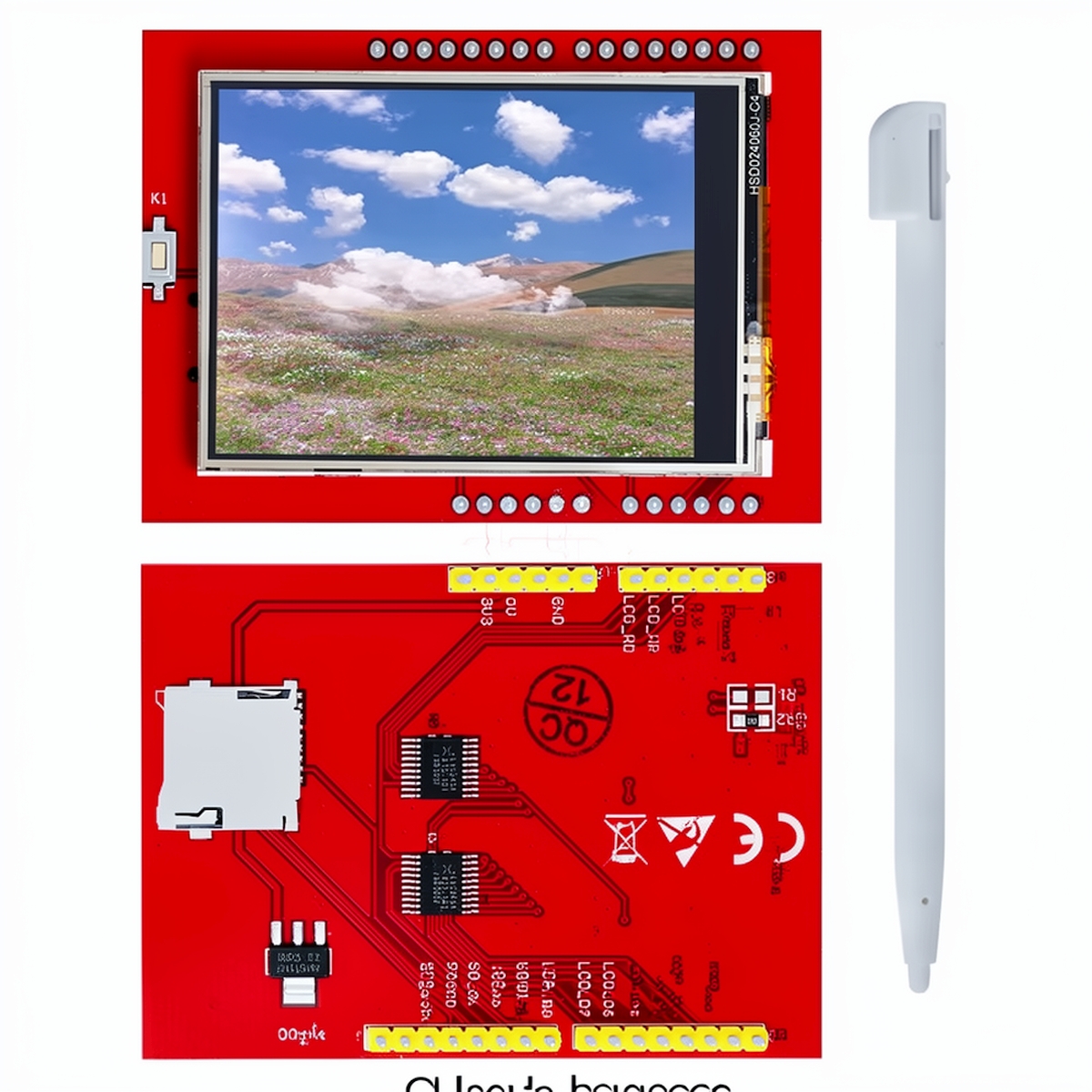 Piros NYÁK-on lévő TFT LCD touch shield Arduino panelhez, szürke kijelzőfelülettel, tüskesorokkal és érintéses kezelőfelülethez használható kialakítással.