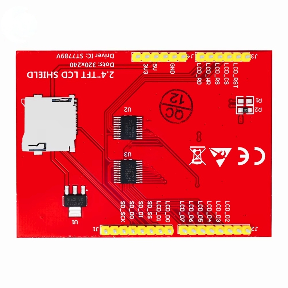 ST7789 vezérlős 2,4 hüvelykes TFT LCD Arduino shield piros panelen, érintőkijelzővel és tüskesoros csatlakozással elektronikai prototípushoz.