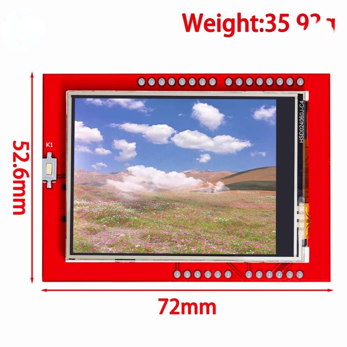 Piros Arduino shield panelen elhelyezett 2,4 hüvelykes TFT LCD kijelző érintőfelülettel, tüskesoros csatlakozással és grafikus Arduino projektekhez használható kialakítással.