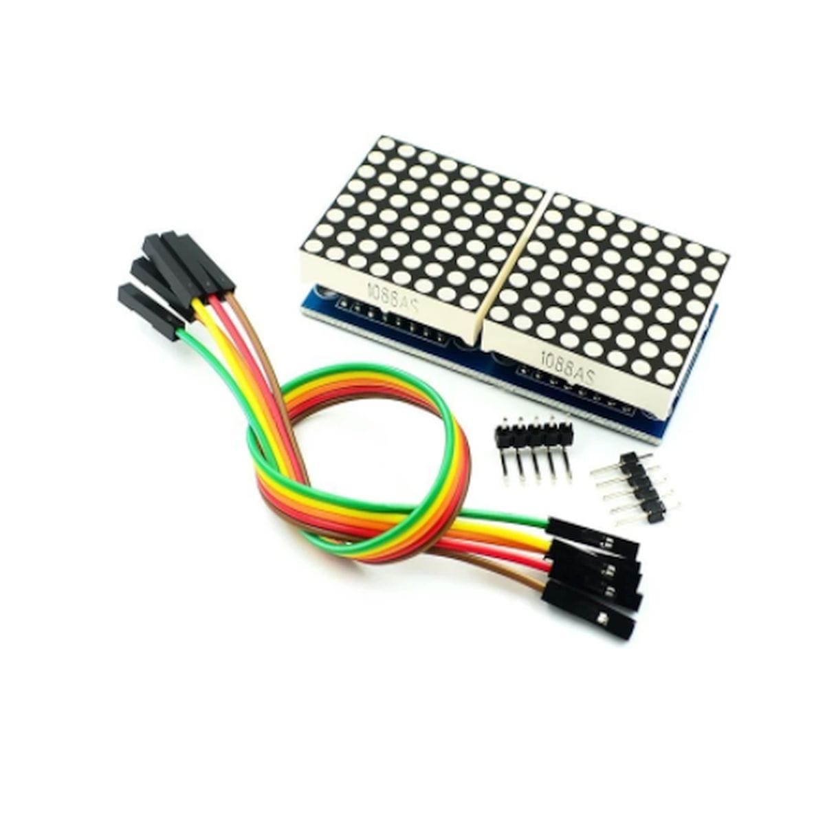 Két piros 8×8 LED pontmátrixból álló MAX7219 kijelzőmodul, amely mikrokontrolleres vezérléshez, futófényekhez, karakterek és egyszerű grafikus minták megjelenítéséhez használható.