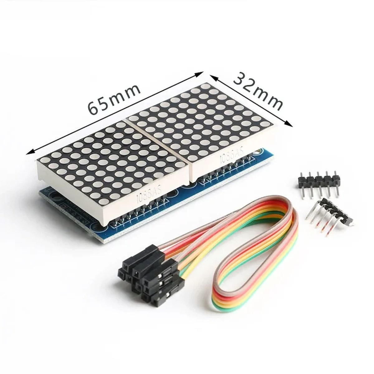 Dupla 8×8-as piros LED mátrix MAX7219 meghajtással, mikrokontrolleres kijelzéshez, számok, betűk, ikonok és mozgó fényanimációk egyszerű megjelenítésére.