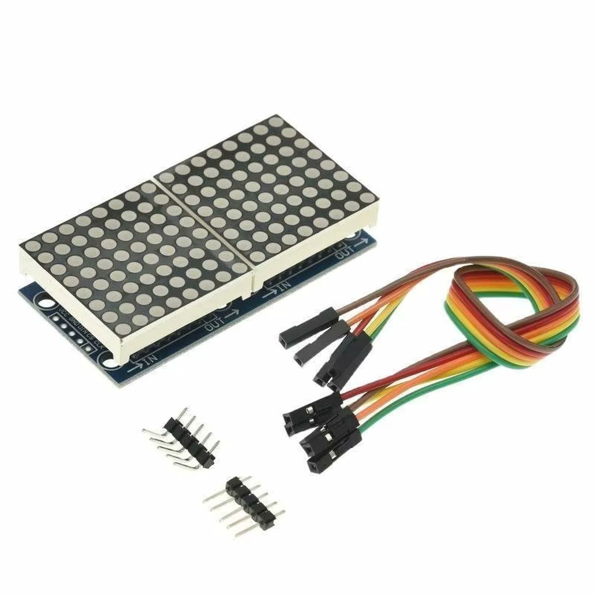 MAX7219 vezérelt, két részből álló piros 8×8 LED pontmátrix modul elektronikai projektekhez, futó szöveg, számláló és egyszerű kijelzőfunkciók kialakítására.