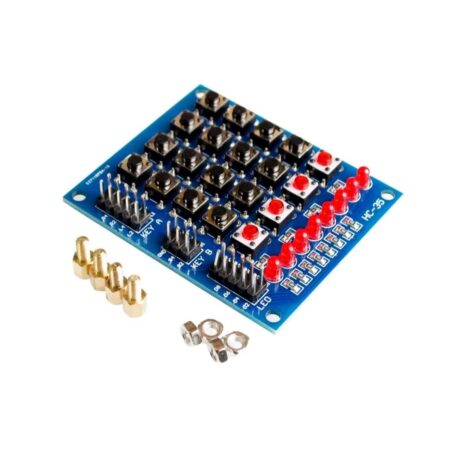 Kisméretű HC-35 billentyűzet panel 4x4 mátrix gombokkal, 4 külön kapcsolóval és 8 LED-del, mikrokontrolleres vezérlés tanulásához és Arduino projektekhez.