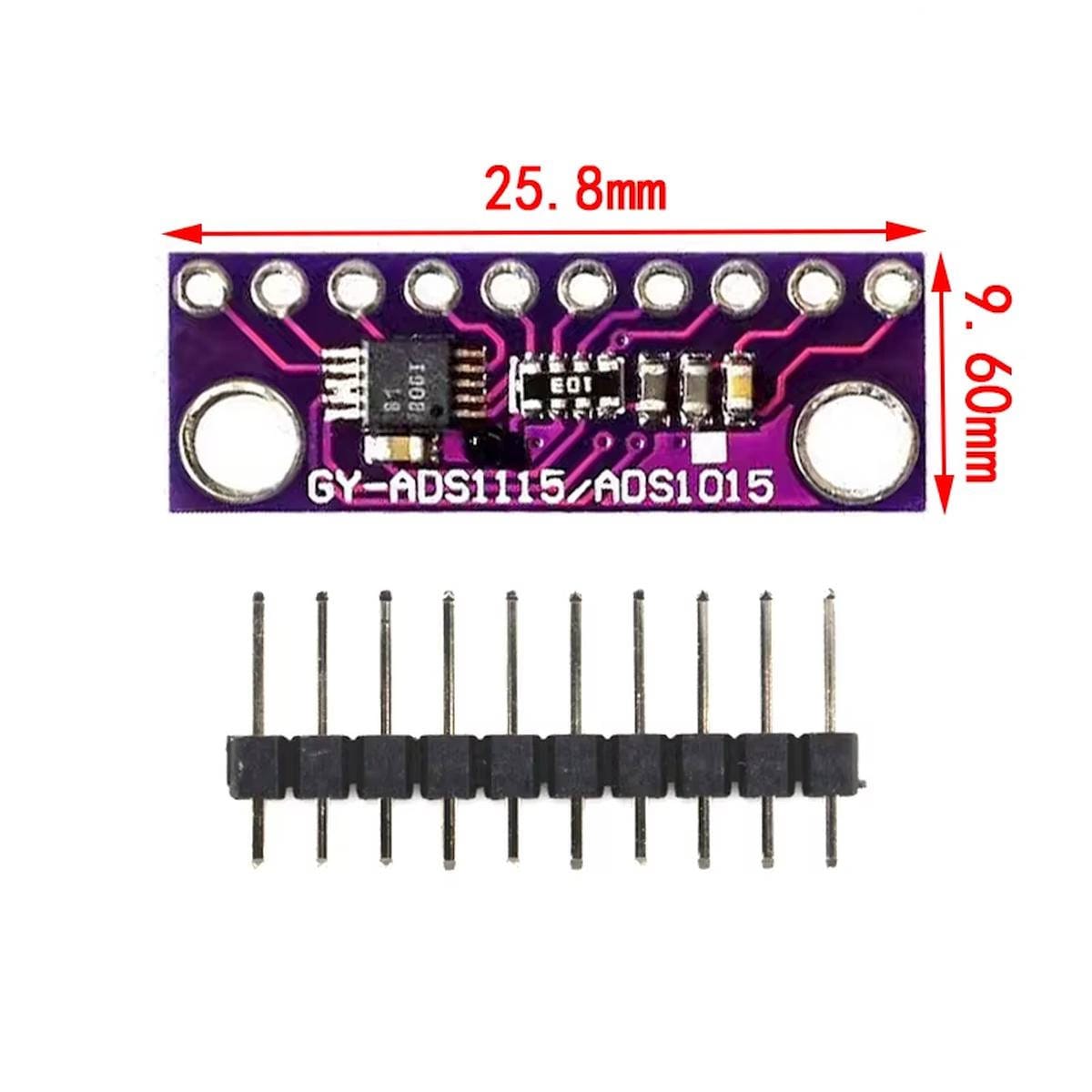 Lila ADS1115 16 bites I²C A/D átalakító modul külön tüskesorral, VCC, GND, SCL, SDA, ALERT és A0–A3 csatlakozásjelölésekkel.
