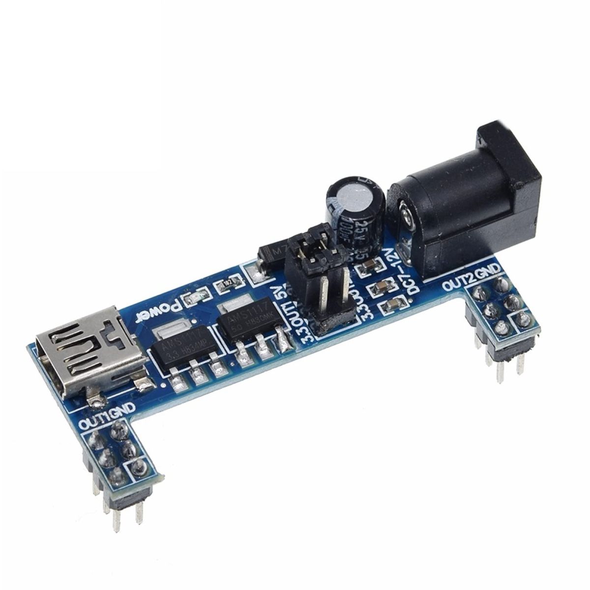 Breadboardra illeszthető tápegység modul kék panelen, miniUSB és DC bemenettel, kapcsolható 3,3 V vagy 5 V kimenettel Arduino és szenzoros bekötésekhez, gyors műhelymunkához.