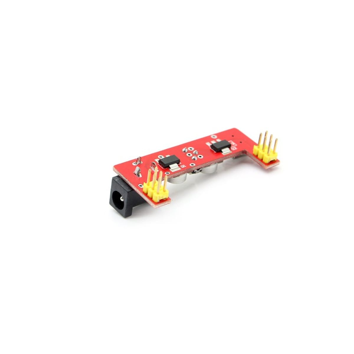 Piros breadboard tápegység modul miniUSB és DC bemenettel, kapcsolható 3,3 V és 5 V kimenettel mikrokontrolleres prototípusokhoz.