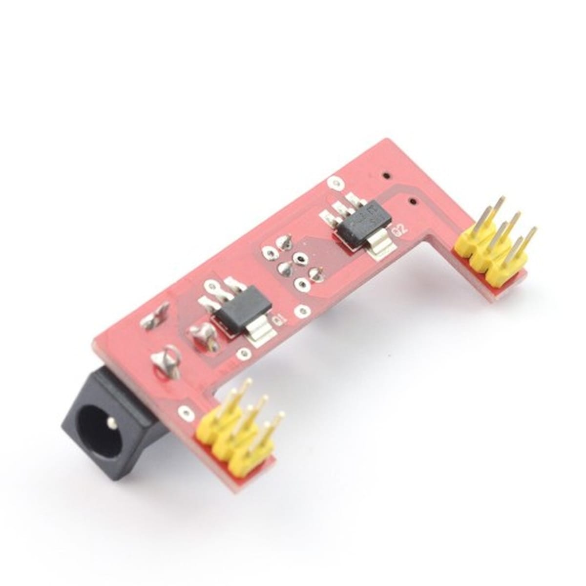 Próbapanelre szerelt piros tápegység modul 400 vagy 830 pontos breadboardhoz, miniUSB csatlakozóval és kapcsolható tápfeszültséggel.