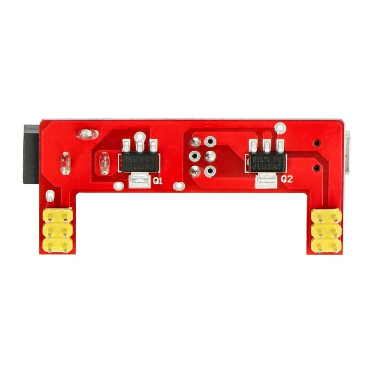 Piros breadboard tápegység modul miniUSB bemenettel, DC aljzattal és kapcsolható 3,3 V, 5 V tápágakkal próbapaneles áramkörökhöz.
