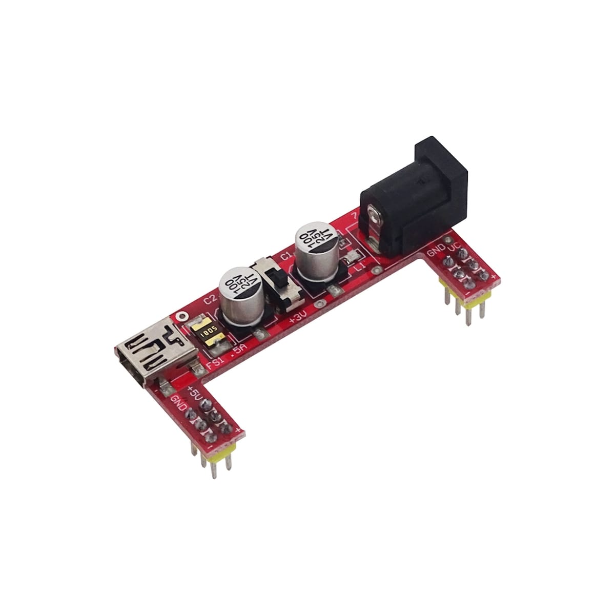 Piros tápellátó modul breadboardhoz, két kondenzátorral, kapcsolóval, miniUSB csatlakozóval és 5 V, 3,3 V kimeneti jelölésekkel.