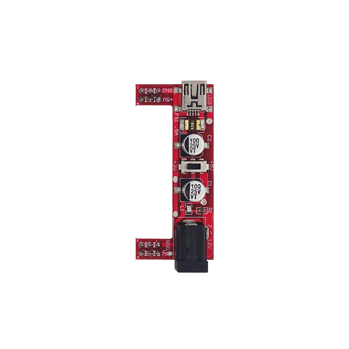 Piros breadboard tápegység modul 400 és 830 pontos próbapanelekhez, miniUSB, DC bemenet és választható tápfeszültség használatához.