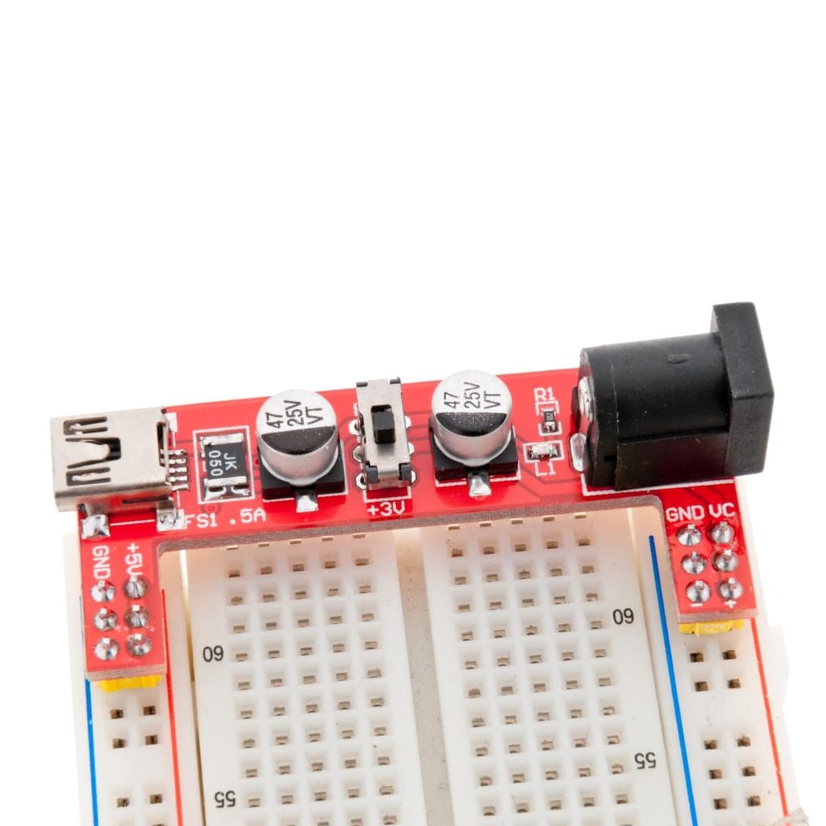 Piros próbapanel tápegység modul miniUSB és DC bemenettel, kapcsolható 3,3 V, 5 V kimenettel Arduino és breadboard projektekhez.