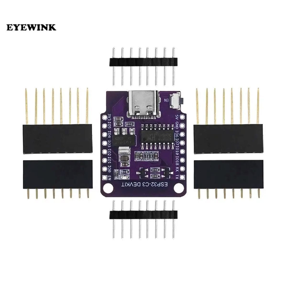 Kompakt, lila ESP32-C3 fejlesztőpanel központi vezérlőchippel, USB-C aljzattal, kétoldali csatlakozópontokkal és kezelőgombokkal, WiFi-s szenzorok és Bluetooth Low Energy eszközök építéséhez, D1 Mini kompatibilis méretben, jelölt GPIO-lábakkal.