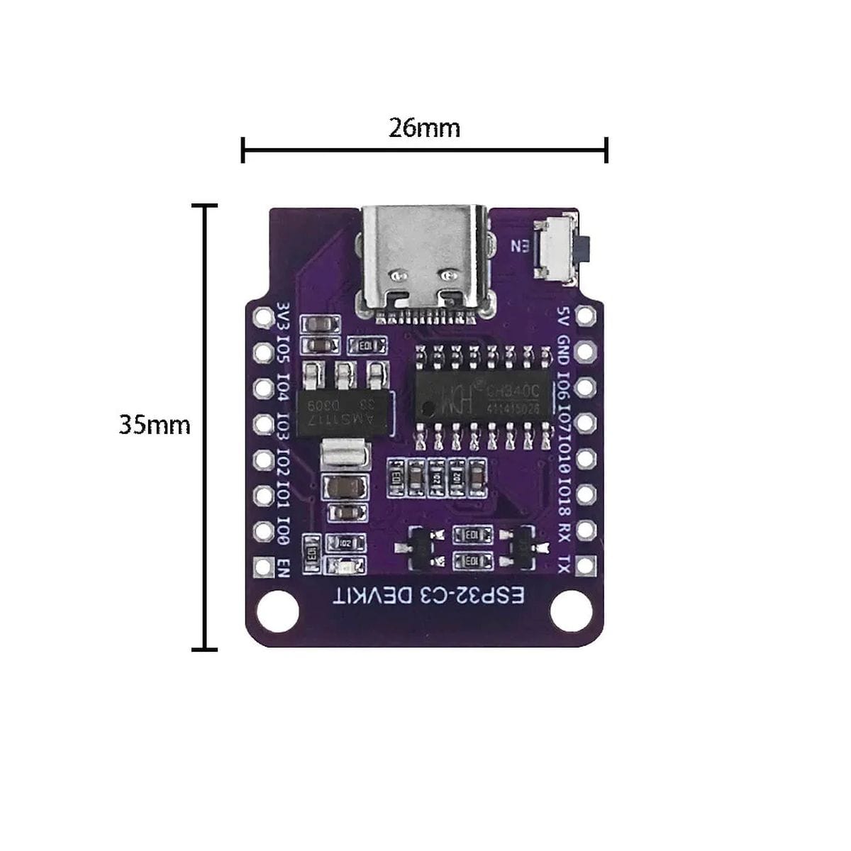 Elölnézetből bemutatott ESP32-C3 Mini alappanel lila NYÁK-kal, USB-C csatlakozóval, feliratozott GPIO-pontokkal, resetgombbal és fedélzeti jelzőfénnyel, kompakt WiFi- és Bluetooth-projektek fejlesztéséhez, D1 Mini formátumban, kezdő és haladó műhelymunkához.