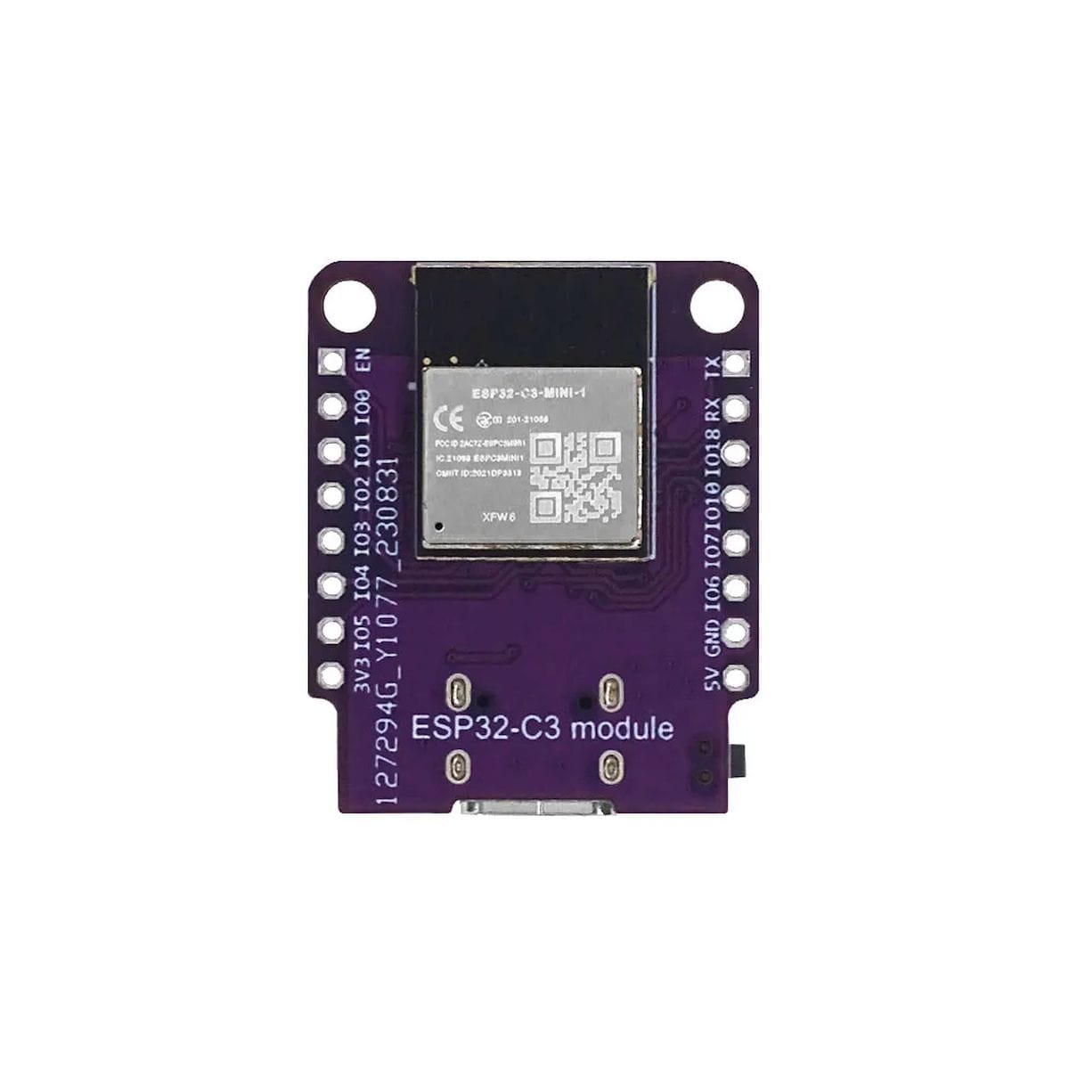ESP32-C3 Mini mikrovezérlős alappanel USB-C programozócsatlakozóval, kétoldali forrasztási pontokkal, jelölt táp- és adatvonalakkal, valamint kezelőgombokkal otthoni automatizálási és szenzoros feladatokhoz, kis helyigényű WiFi- és Bluetooth-kapcsolattal.