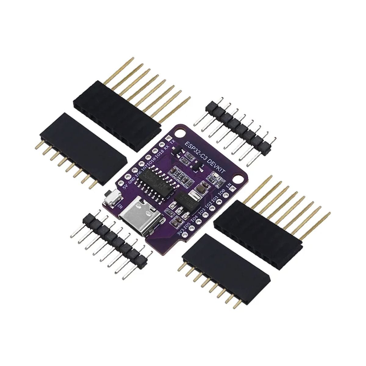 Kompakt ESP32-C3 Mini fejlesztőpanel lila áramköri lappal, USB-C aljzattal, oldalsó GPIO-csatlakozásokkal és kezelőgombokkal WiFi-s, Bluetooth-os szenzor- és vezérlőprojektekhez, D1 Mini méretű kialakításban, műhelyi prototípusok gyors összeállításához.