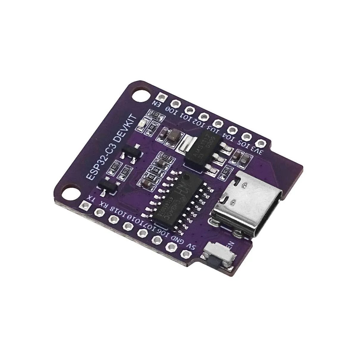 Elölnézetben látható ESP32-C3 Mini mikrovezérlőpanel USB-C csatlakozóval, oldalsó GPIO-helyekkel, két gombbal és jelzőfénnyel, vezeték nélküli adatgyűjtő és okosotthon-projektekhez, kompakt D1 Mini méretű kivitelben, műhelyi teszteléshez.