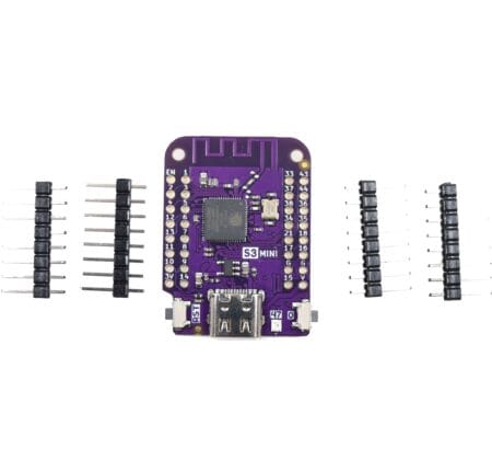 Lila LOLIN S3 MINI ESP32-S3 fejlesztőpanel USB-C csatlakozóval, forrasztható tüskesorokkal és furatsorokkal, WiFi Bluetooth mikrokontrolleres vezérléshez, Arduino projekt kezdőknek, kompakt IoT prototípus építéséhez műhelyes tanuláshoz.