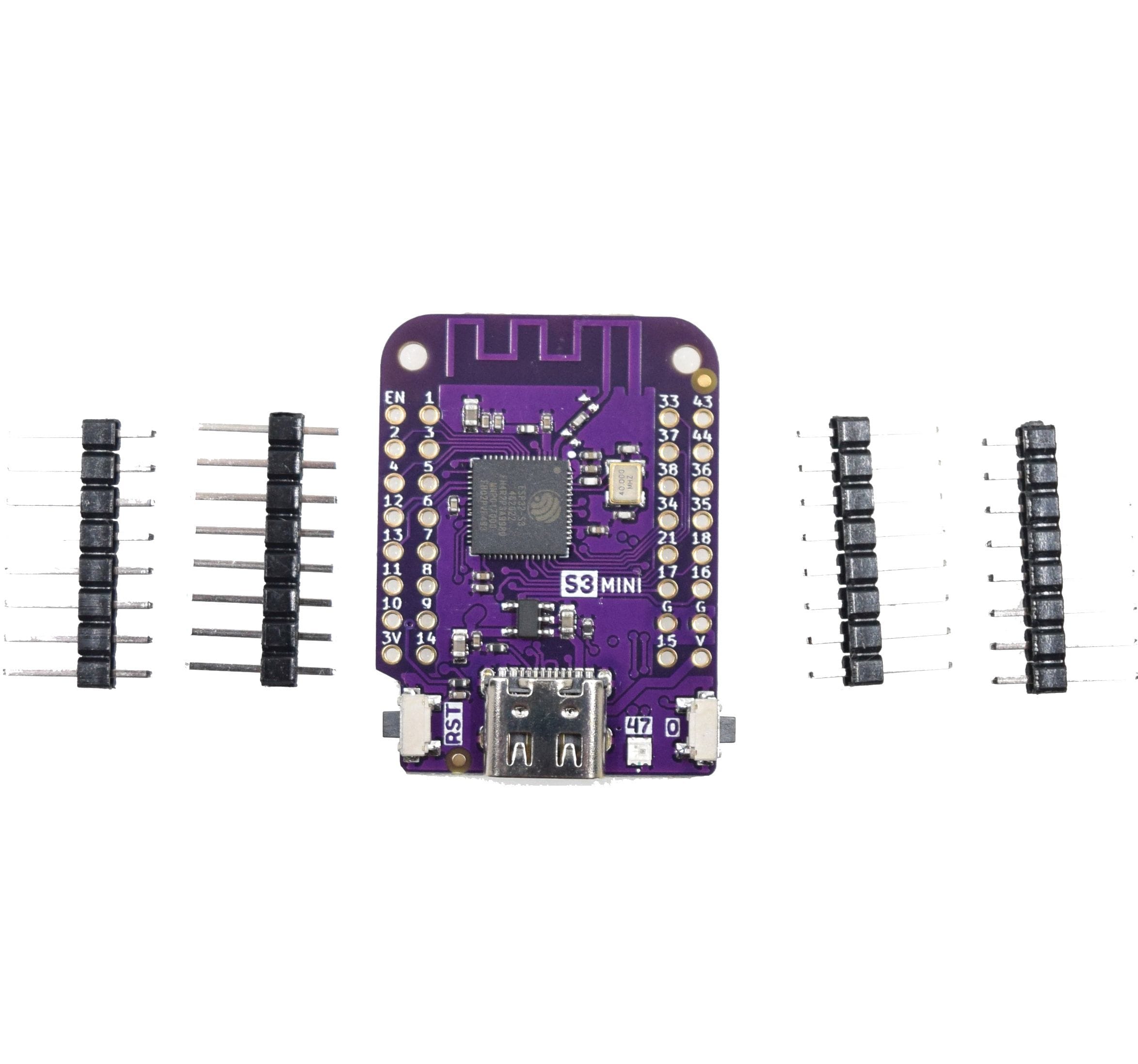 Lila LOLIN S3 MINI ESP32-S3 fejlesztőpanel USB-C csatlakozóval, forrasztható tüskesorokkal és furatsorokkal, WiFi Bluetooth mikrokontrolleres vezérléshez, Arduino projekt kezdőknek, kompakt IoT prototípus építéséhez műhelyes tanuláshoz.