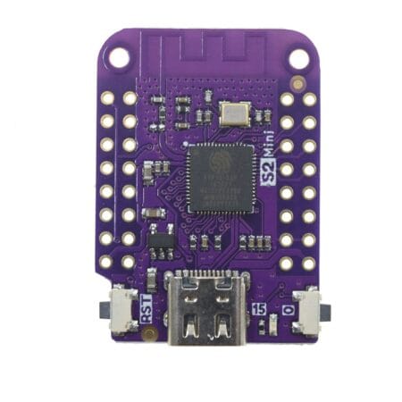 ESP32-S2 Mini Wi-Fi mikrokontrolleres panel D1 Mini méretben, USB-C porttal és sűrűn kivezetett GPIO csatlakozásokkal, szenzoros vezérlésekhez, ESPHome rendszerekhez és egyedi prototípusok fejlesztéséhez.