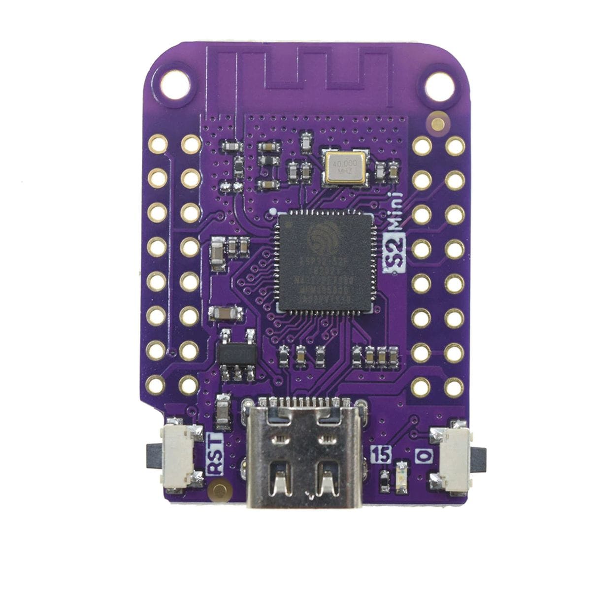ESP32-S2 Mini Wi-Fi mikrokontrolleres panel D1 Mini méretben, USB-C porttal és sűrűn kivezetett GPIO csatlakozásokkal, szenzoros vezérlésekhez, ESPHome rendszerekhez és egyedi prototípusok fejlesztéséhez.