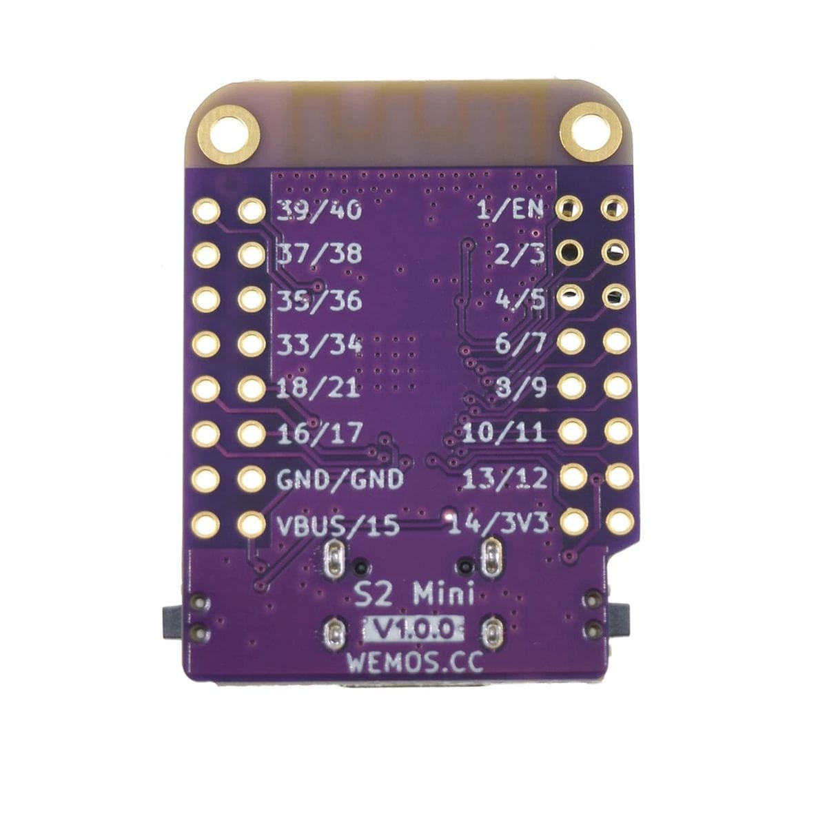 Kompakt ESP32-S2 Mini fejlesztőpanel USB-C csatlakozóval, kétoldali tüskesorhelyekkel és D1 Mini formátummal, Wi-Fi-s mikrokontrolleres vezérléshez, breadboardos prototípusokhoz és kis helyigényű elektronikai projektek építéséhez.