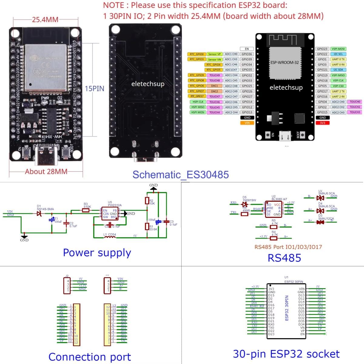 ESP32 kompatibilitási és kapcsolási összefoglaló az ES30485 panelhez, méretekkel, lábkiosztással, táprész-sémával és RS485 port rajzzal; hasznos műszaki nézet beépítés és bekötés előtt kompakt automatizálási projektekhez vagy szervizhez.