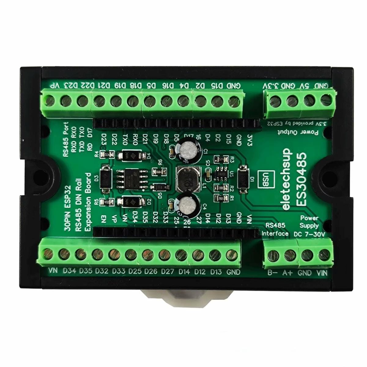 Tiszta frontnézetű ES30485 DIN sín modul, körben sorkapcsokkal és középen RS485 áramkörrel; jól áttekinthető referencia egy ESP32 kommunikációs panel fizikai kiosztásához és tápbekötéséhez kezdő projektekben is.