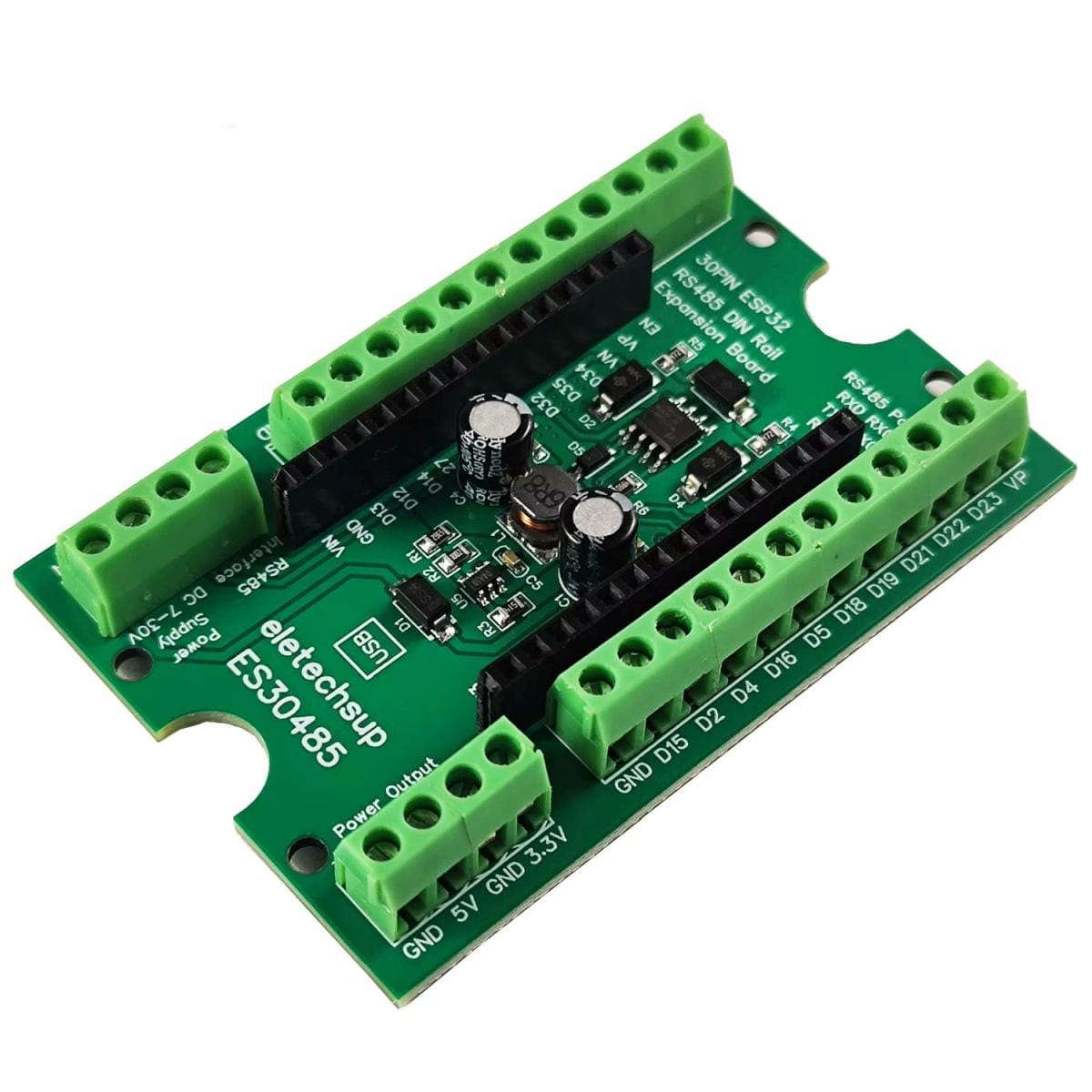Ferde nézetből fotózott ES30485 panel sorkapcsokkal és ESP32 aljzattal, külön ház nélkül; hasznos részletkép azoknak, akik ESP32 bővítőpanel felépítését és csatlakozóit keresik Modbus projekthez vagy bekötéshez.