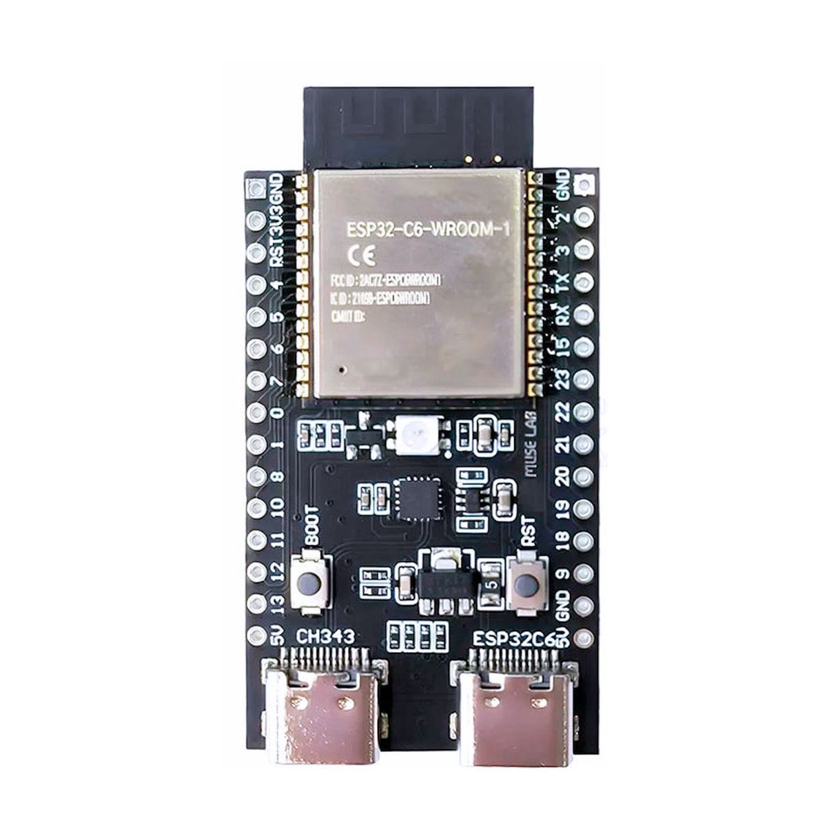 Kompakt ESP32-C6 fejlesztőpanel WROOM rádiós modullal, USB-C csatlakozással és oldalsó kivezetésekkel, okosotthonos Zigbee, Wi-Fi és Bluetooth vezérlők fejlesztéséhez és teszteléséhez.