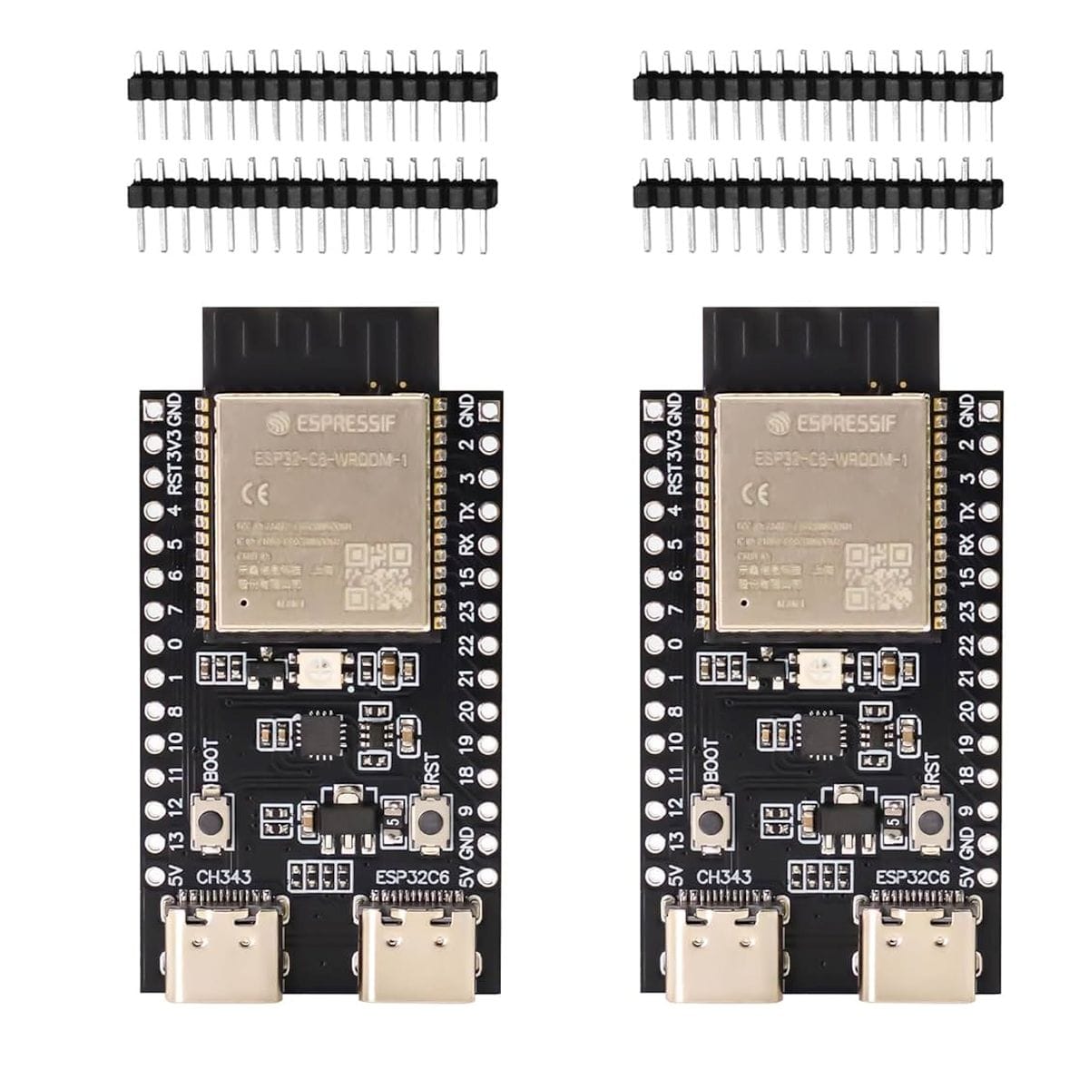 Fekete ESP32-C6 mikrokontrolleres alappanel árnyékolt WROOM modullal, kétoldali GPIO kivezetésekkel és USB-C csatlakozókkal, vezeték nélküli IoT vezérlések és szenzoros prototípusok készítéséhez.