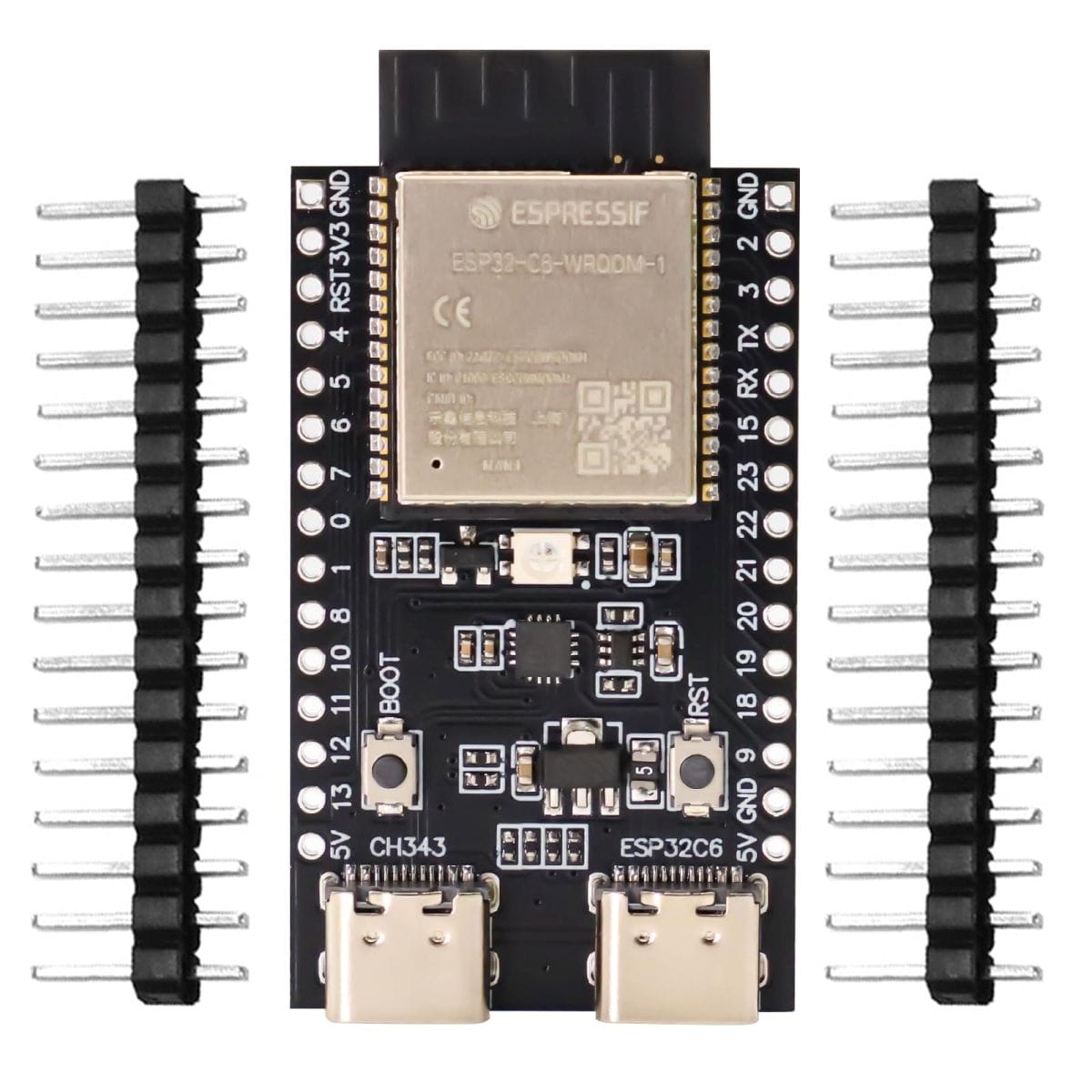 ESP32-C6-WROOM fejlesztőpanel fekete nyomtatott áramköri lapon, oldalsó csatlakozósorokkal és USB-C aljzatokkal, Wi-Fi, Bluetooth és Zigbee alapú mikrokontrolleres projektek fejlesztéséhez.