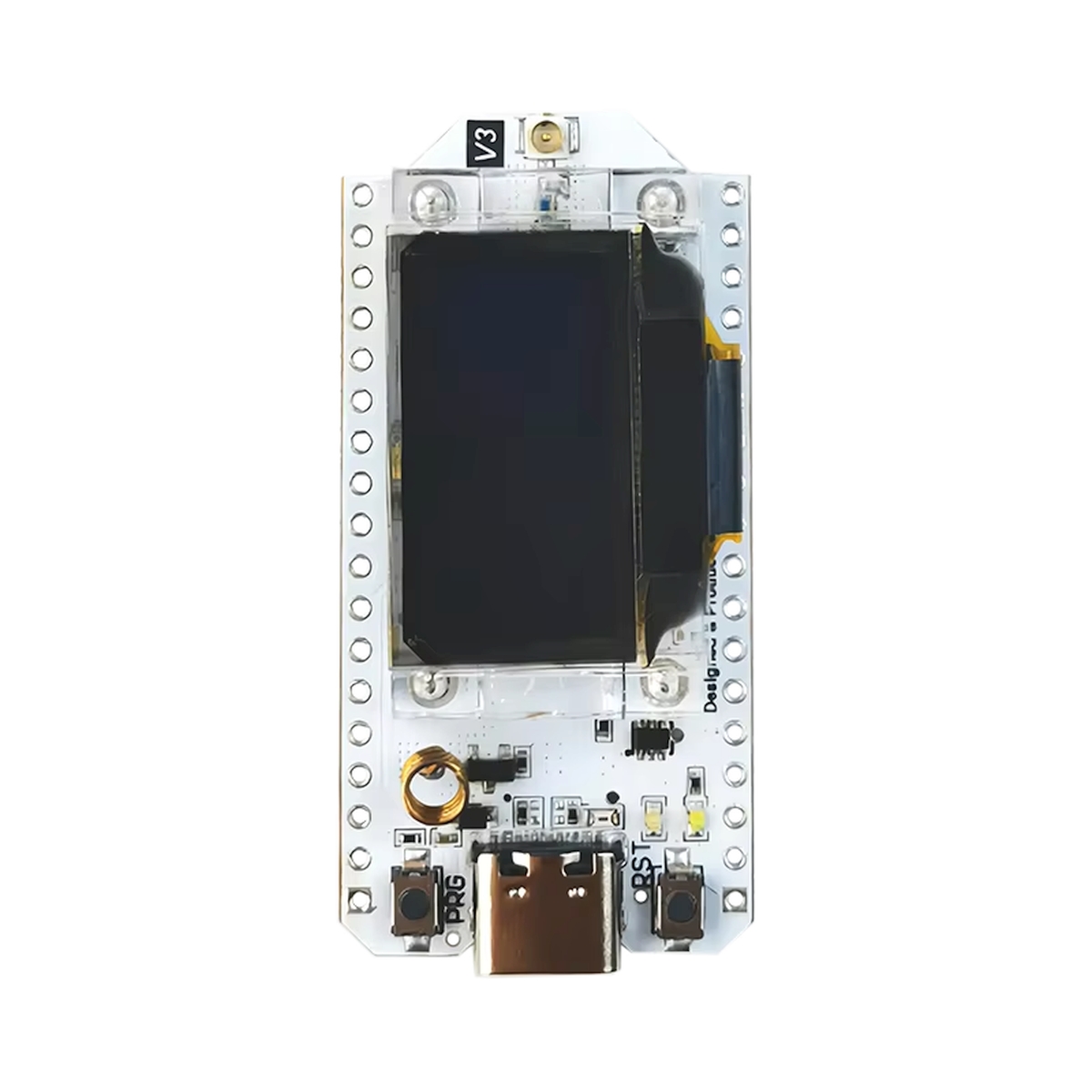 ESP32-S3 alapú LoRa 868 MHz fejlesztőpanel OLED kijelzővel, Wi-Fi és Bluetooth támogatással, antennával, USB-C porttal és GPIO tüskesorokkal. A modul oktatási, maker, Arduino és IoT szenzorhálózati alkalmazásokhoz készült.
