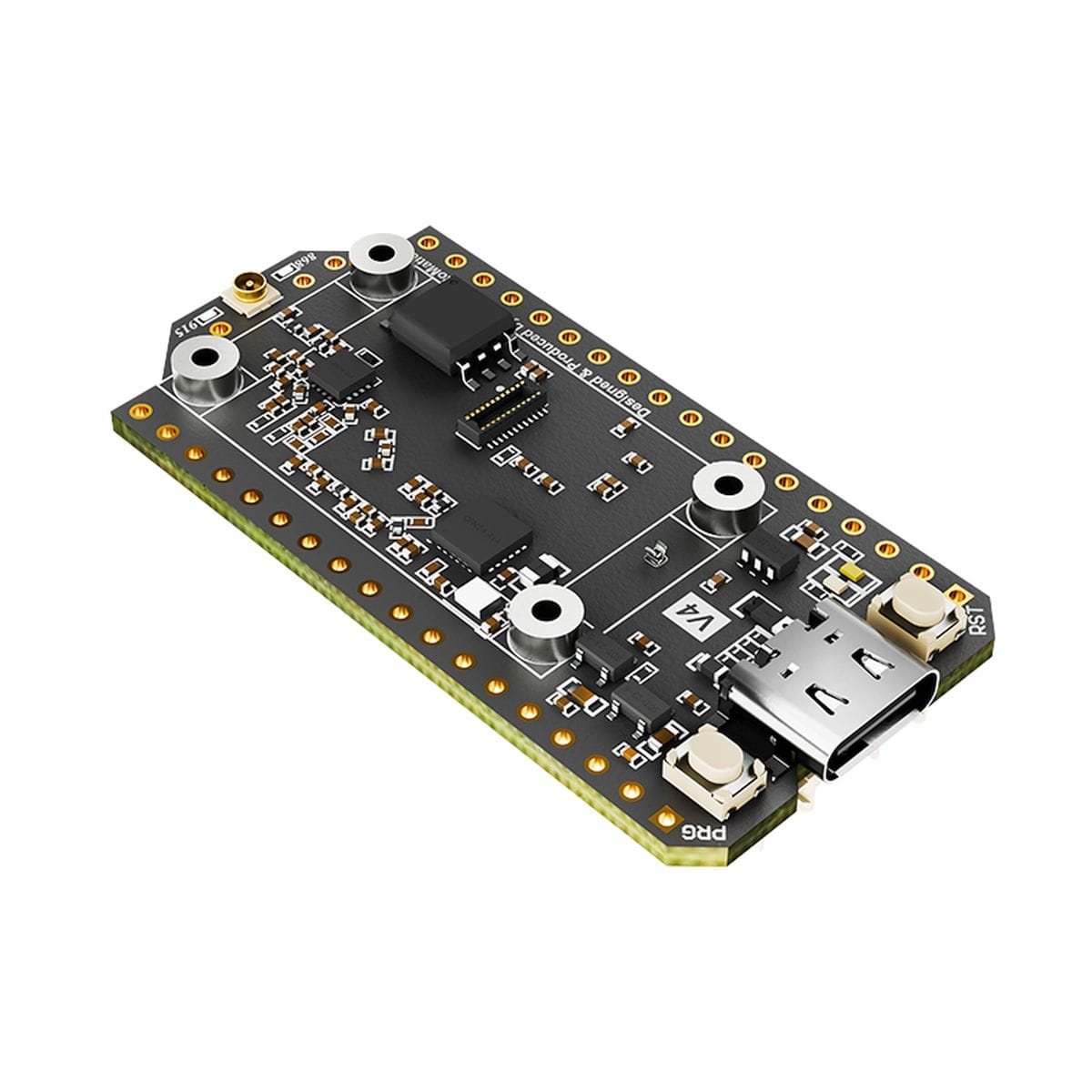 Fekete Heltec WiFi LoRa 32 V4 modul védett OLED kijelzővel, USB-C csatlakozóval és kétoldali kivezetésekkel, ESP32-S3 alapú 868 MHz-es rádiós fejlesztésekhez, GNSS/GPS bővítési lehetőséggel, kompakt kivitelben.