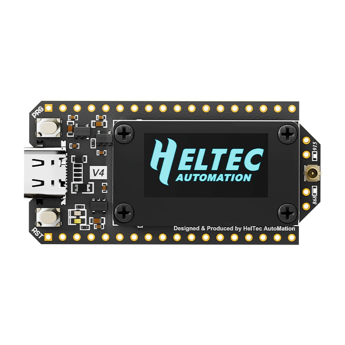 Kompakt Heltec WiFi LoRa 32 V4 modul 0,96 hüvelykes OLED kijelzővel, ESP32-S3 mikrokontrollerrel, 868 MHz-es rádióval, USB-C csatlakozóval és külső antennás IoT fejlesztésekhez, terepi felhasználásra.