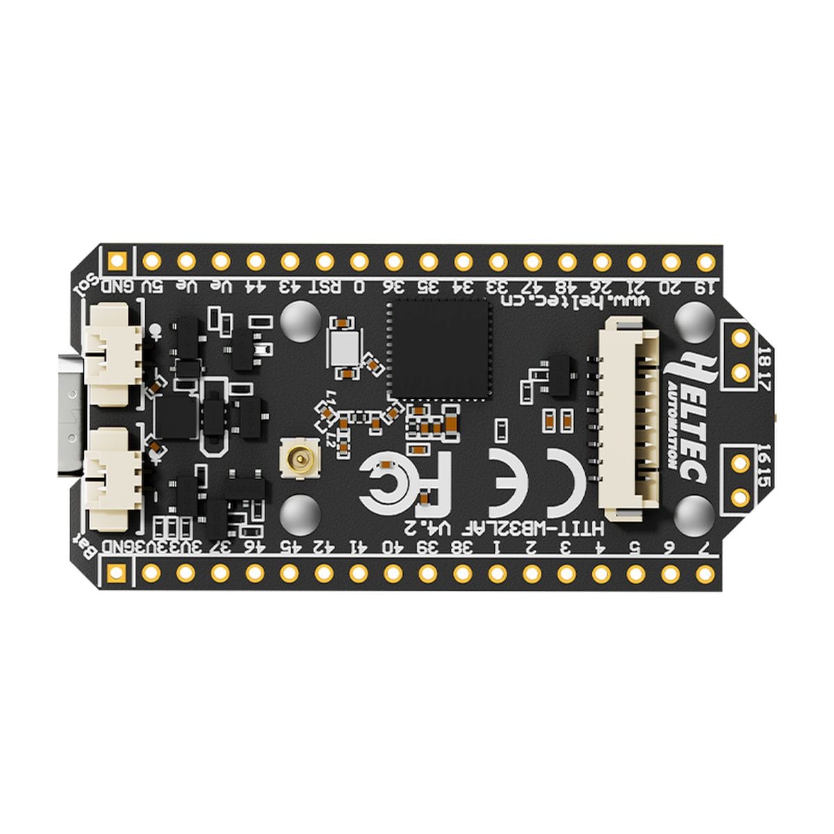 Heltec WiFi LoRa 32 V4 elektronikai fejlesztőpanel előlapi OLED kijelzővel, kétoldali kivezetésekkel, USB-C porttal és 868 MHz-es LoRa kapcsolattal, szenzorhálózati és telemetriai feladatokhoz, terepi méréshez.
