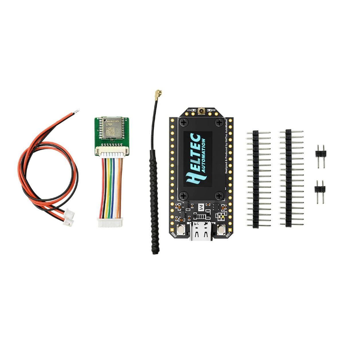 GPS modullal kiegészített Heltec WiFi LoRa 32 V4 fejlesztőpanel 0,96 hüvelykes OLED kijelzővel, ESP32-S3 vezérlővel, 868 MHz-es LoRa rádióval, USB-C csatlakozóval és napelemes tápellátási lehetőséggel.
