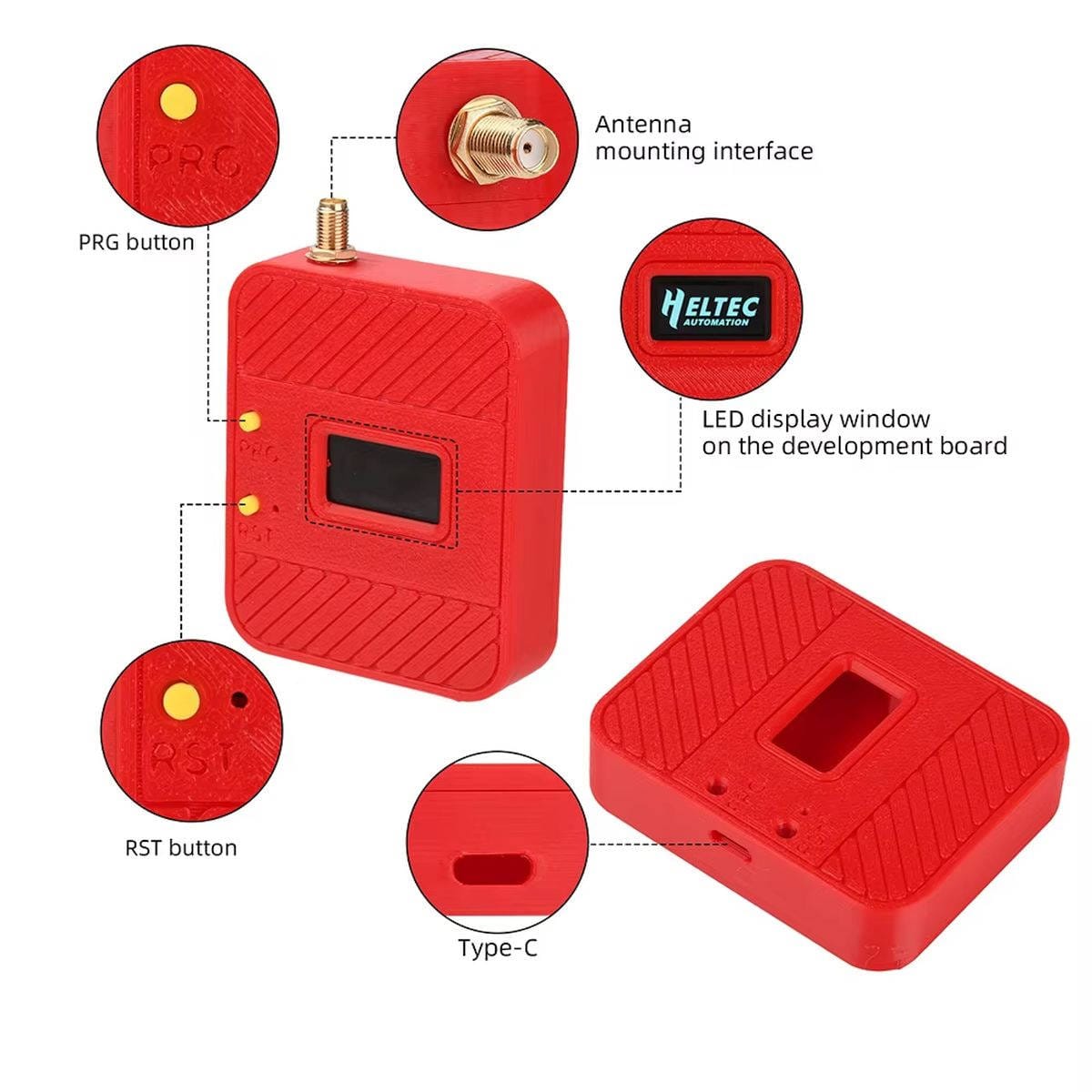 Piros ház több nézetben, kiemelve a PRG és RST gombokat, a kijelzőablakot, a Type-C portot és az antenna rögzítési pontot; WiFi LoRa 32 V4 tok részletes ábrán.