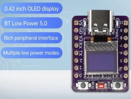 Az ESP32-C3 0.42 hüvelykes OLED kijelzővel ellátott fejlesztőpanel ideális választás IoT projektekhez, beépített WiFi és Bluetooth kapcsolattal.