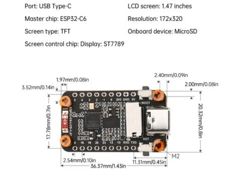 Az ESP32-C6 1,47 hüvelykes LCD fejlesztőpanel kompakt méretű, színes kijelzővel és Wi-Fi 6, valamint Bluetooth 5 támogatással rendelkezik, ideális választás IoT és HMI projektekhez