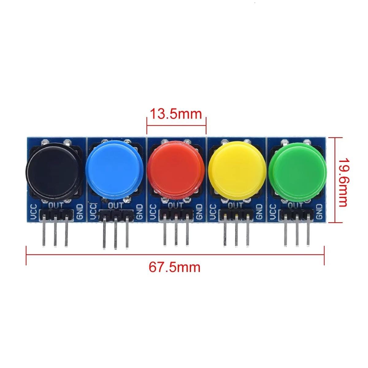 Öt színes nyomógomb modul méretrajza 13,5 mm-es osztással, 19,6 mm-es magassággal és 67,5 mm-es teljes szélességgel, tervezéshez és beépítéshez.