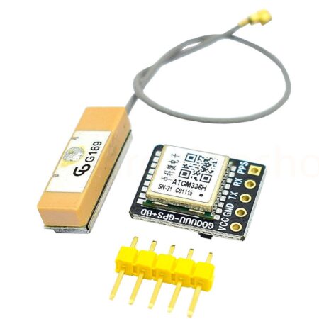 ATGM336H GNSS vevőmodul külső lapos antennával, u.FL csatlakozóval és ötpólusú tüskesorral, GPS és BeiDou helyadatok fogadásához Arduino, ESP32 vagy más mikrokontroller mellett, kis méretű mobil, robotikai és adatnaplózó fejlesztésekben.