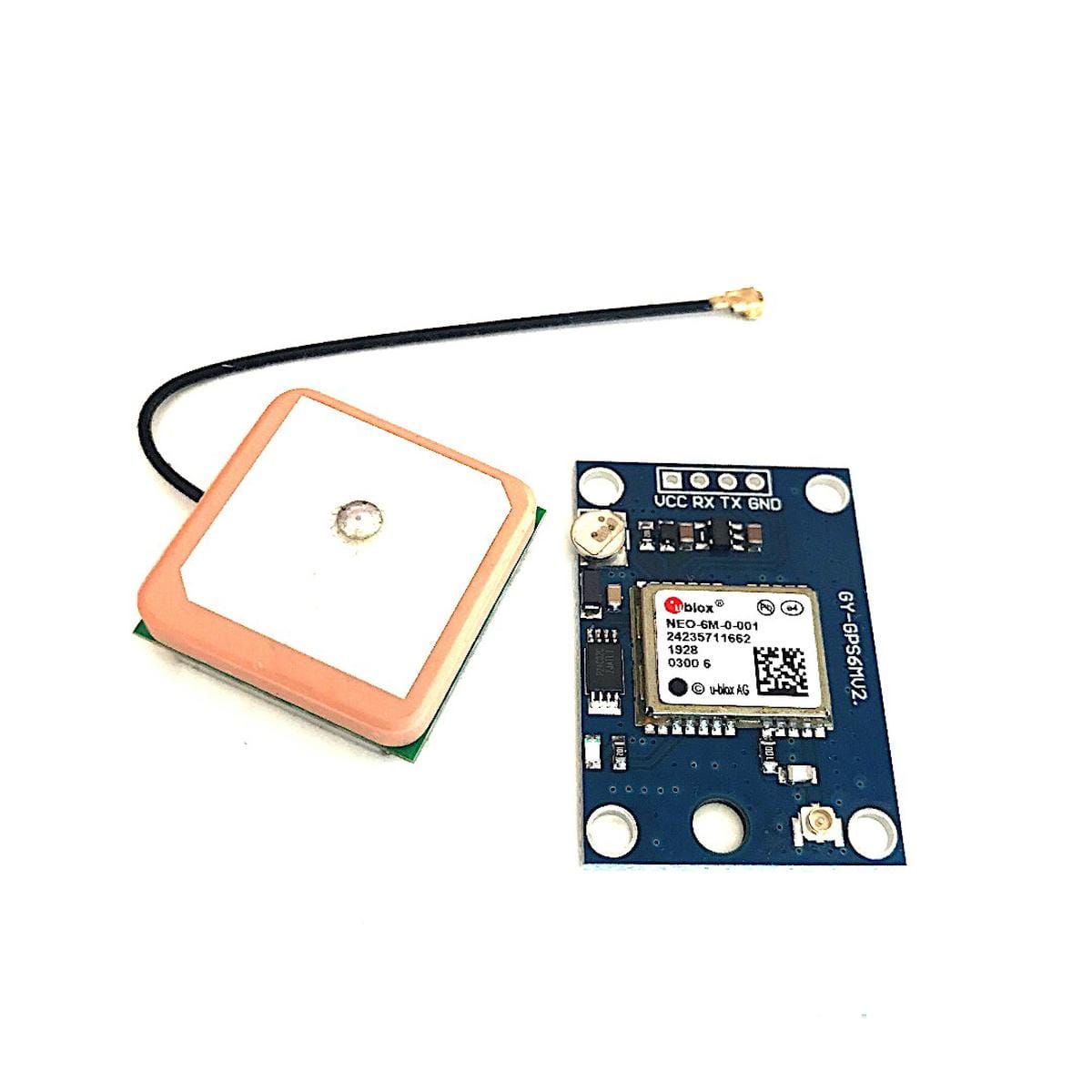 NEO-6MV2 GPS modul kék nyomtatott áramköri lappal, u-blox NEO-6M vevővel és kábellel csatlakozó kerámia patch antennával, mikrokontrolleres helymeghatározási projektekhez, soros kommunikációt használó beágyazott rendszerekhez és navigációs kísérletekhez.