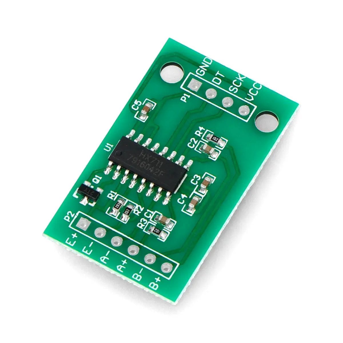 HX711 súlymérő ADC modul zöld NYÁK-on, fekete tüskesorokkal, mérlegcella és mikrokontroller csatlakozási jelölésekkel, elektronikai prototípus breadboardon történő összeállításához.