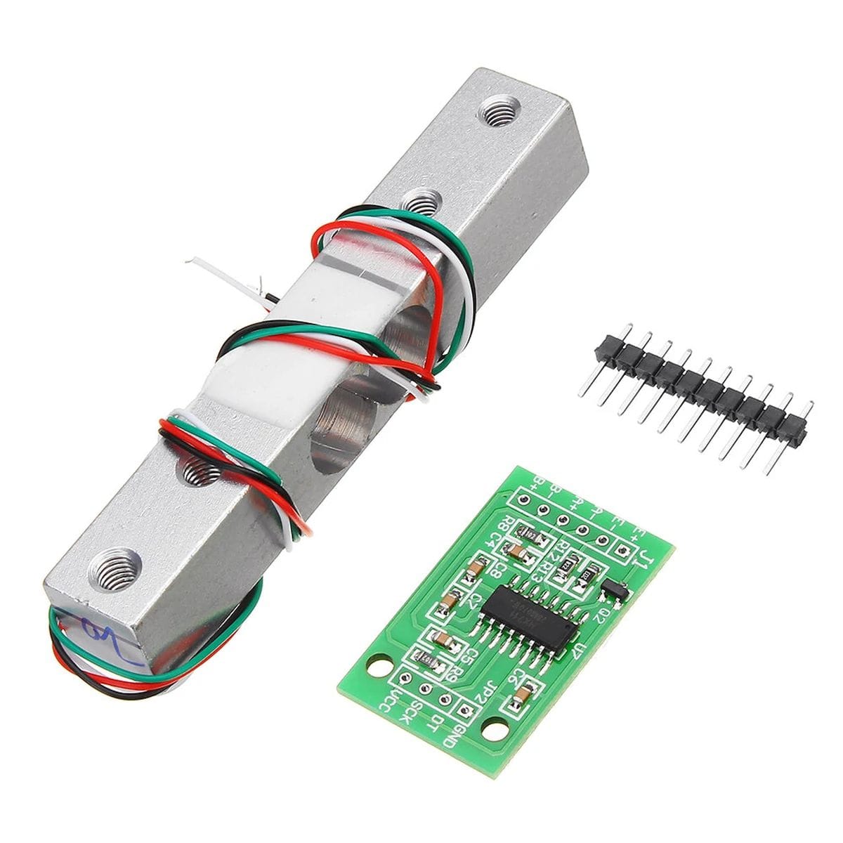 Kis méretű HX711 24 bites ADC panel mérlegcellához, bal oldali bemeneti forrpontokkal, jobb oldali GND, DT, SCK, VCC jelölésekkel, Arduino bekötési útmutatóhoz.