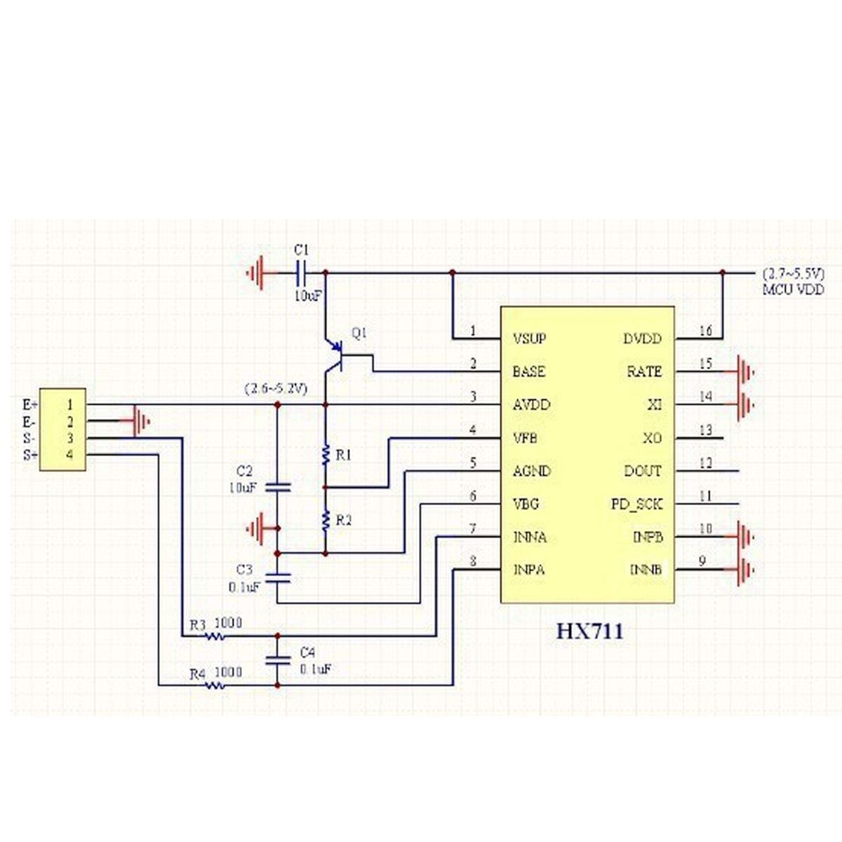 Zöld HX711 ADC modul mérlegcellás súlyméréshez, különálló tüskesorokkal és feliratozott csatlakozási pontokkal, Arduino projekt kezdőknek vagy breadboardos próbához világos háttéren bemutatva, alkatrész-azonosítást segítő közeli elrendezésben.