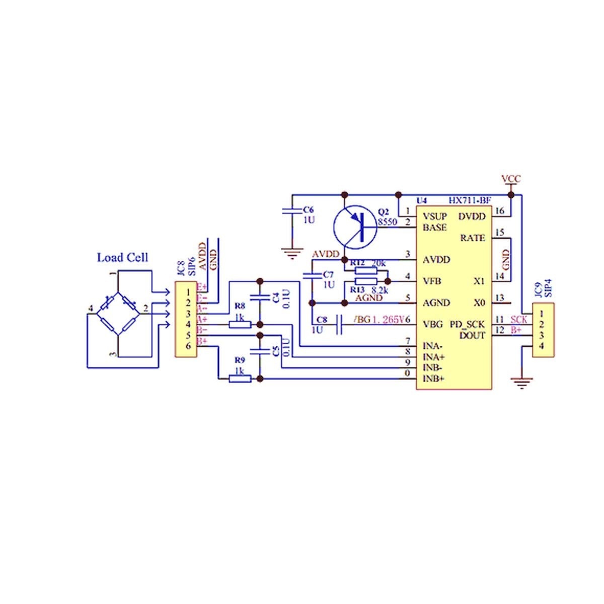 Kis HX711 ADC panel mérlegcellák gyenge jelének digitalizálásához, feliratozott forrpontokkal és külön tüskesorokkal, Arduino súlymérő áramkör tervezéséhez világos háttéren, közelről bemutatva, műhelyes prototípus munkához előkészítve.