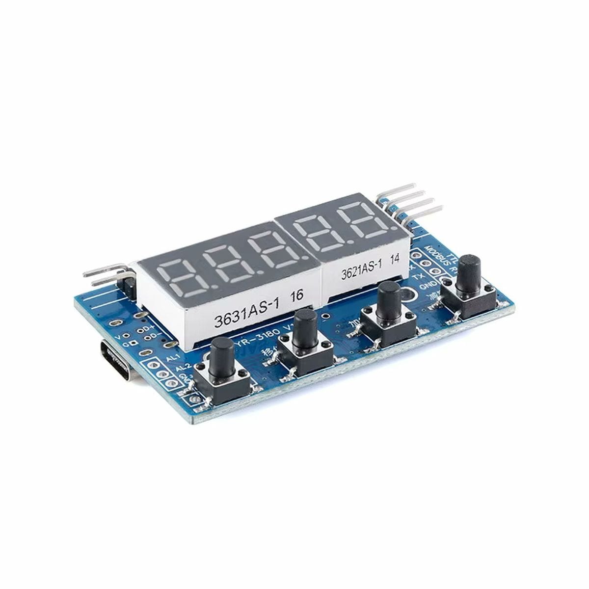 Kompakt YR-3180 elektronikus mérlegpanel oldalnézetből, ötdigites kijelzővel, négy fekete kezelőgombbal, USB-C csatlakozóval, rögzítőfuratokkal és külső szenzorcsatlakozásokkal.