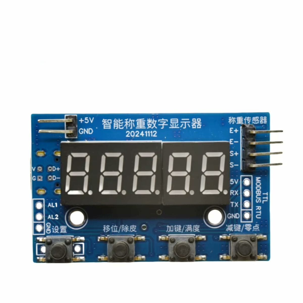 YR-3180 digitális mérlegmodul elölnézetben, ötdigites LED-kijelzővel, négy nyomógombbal, E+, E−, S+, S− mérlegcella csatlakozóval és TTL Modbus RTU pontokkal.