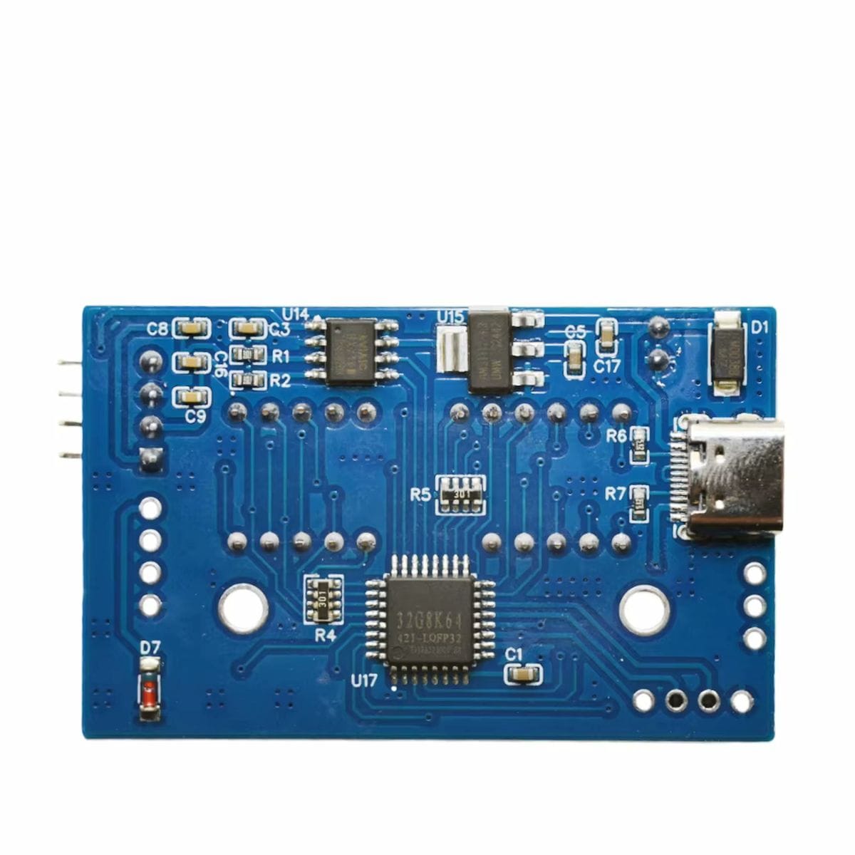 YR-3180 mérlegmodul kék nyomtatott áramköri lapjának hátoldala, központi vezérlő IC-vel, SMD alkatrészekkel, forrasztási pontokkal és oldalsó USB-C csatlakozóval.